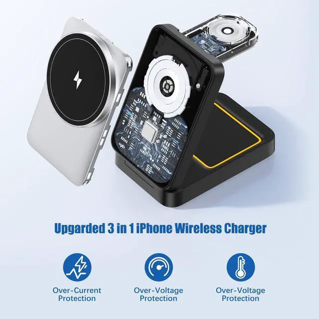 Alt view image 2 of 7 - 3 in 1 Wireless Charger Station for Multiple Apple Devices, Foldable Magnetic MagSafe Charging Stand, Portable Fast Travel Charger for iPhone 17/16/15/14/13/12/11 Pro Max/Apple Watch Series/Airpods