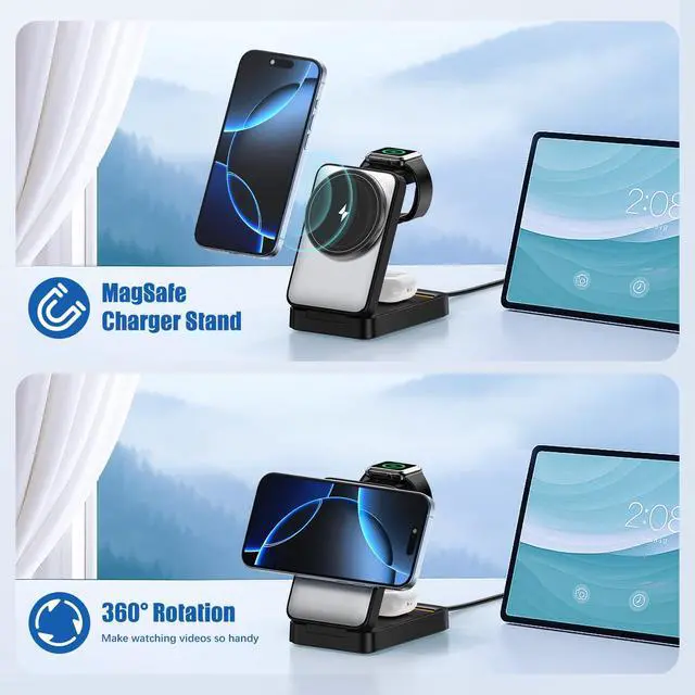 Alt view image 4 of 7 - 3 in 1 Wireless Charger Station for Multiple Apple Devices, Foldable Magnetic MagSafe Charging Stand, Portable Fast Travel Charger for iPhone 17/16/15/14/13/12/11 Pro Max/Apple Watch Series/Airpods