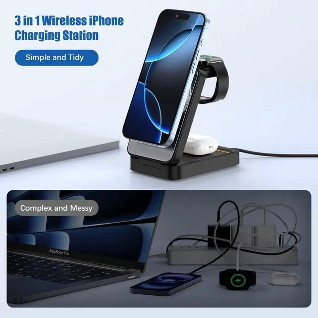 Alt view image 6 of 7 - 3 in 1 Wireless Charger Station for Multiple Apple Devices, Foldable Magnetic MagSafe Charging Stand, Portable Fast Travel Charger for iPhone 17/16/15/14/13/12/11 Pro Max/Apple Watch Series/Airpods