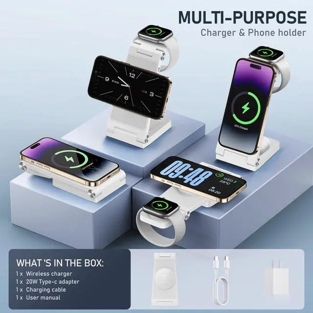 Alt view image 2 of 6 - Magnetic Wireless Charger Stand, 3 in 1 Foldable Wireless Charging Station with 20W Adapter, Travel Charger for Multiple Devices for iPhone 17 16 15 14 13 12 Pro/Max/Plus/Mini, iWatch, AirPods
