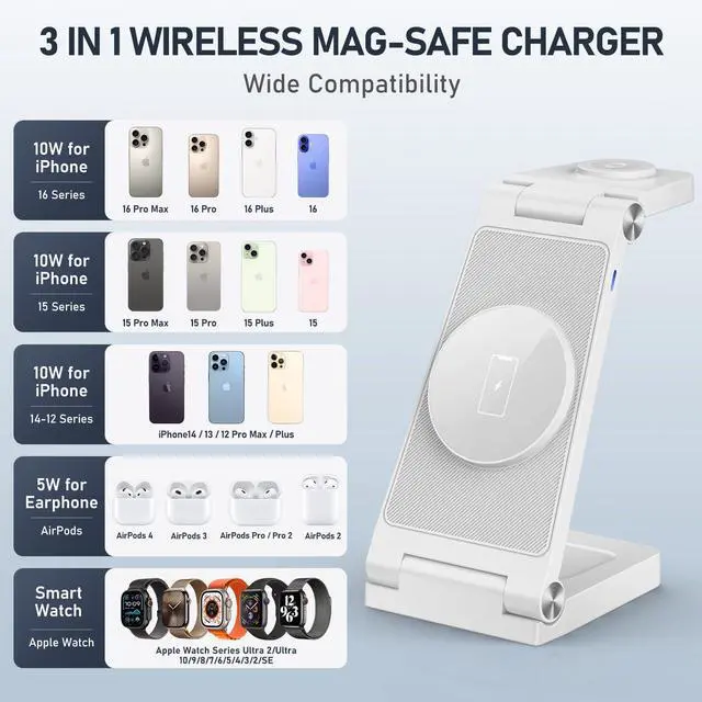 Alt view image 5 of 6 - Magnetic Wireless Charger Stand, 3 in 1 Foldable Wireless Charging Station with 20W Adapter, Travel Charger for Multiple Devices for iPhone 17 16 15 14 13 12 Pro/Max/Plus/Mini, iWatch, AirPods
