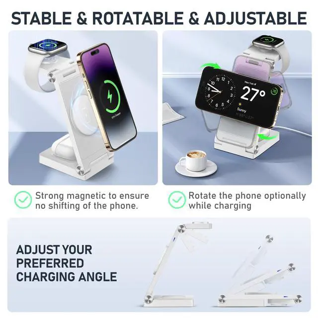 Alt view image 4 of 6 - Magnetic Wireless Charger Stand, 3 in 1 Foldable Wireless Charging Station with 20W Adapter, Travel Charger for Multiple Devices for iPhone 17 16 15 14 13 12 Pro/Max/Plus/Mini, iWatch, AirPods