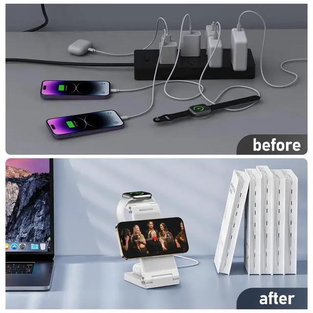 Alt view image 6 of 6 - Magnetic Wireless Charger Stand, 3 in 1 Foldable Wireless Charging Station with 20W Adapter, Travel Charger for Multiple Devices for iPhone 17 16 15 14 13 12 Pro/Max/Plus/Mini, iWatch, AirPods