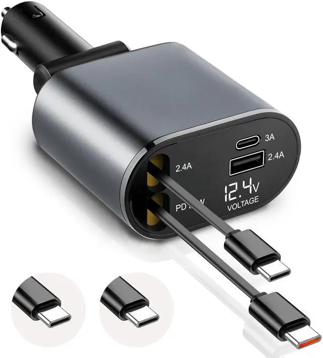 Main image of Super Fast 4-in-1 Retractable Dual C Type Car Charger | PD30W Charger for Multiple Devices | 82 cm Long, Flexible,Universal & Compact Design | Compatible for iphones, Samsung & Android Devices