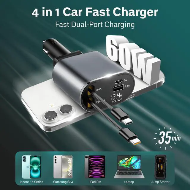 Alt view image 6 of 7 - Super Fast 4-in-1 Retractable Dual C Type Car Charger | PD30W Charger for Multiple Devices | 82 cm Long, Flexible,Universal & Compact Design | Compatible for iphones, Samsung & Android Devices