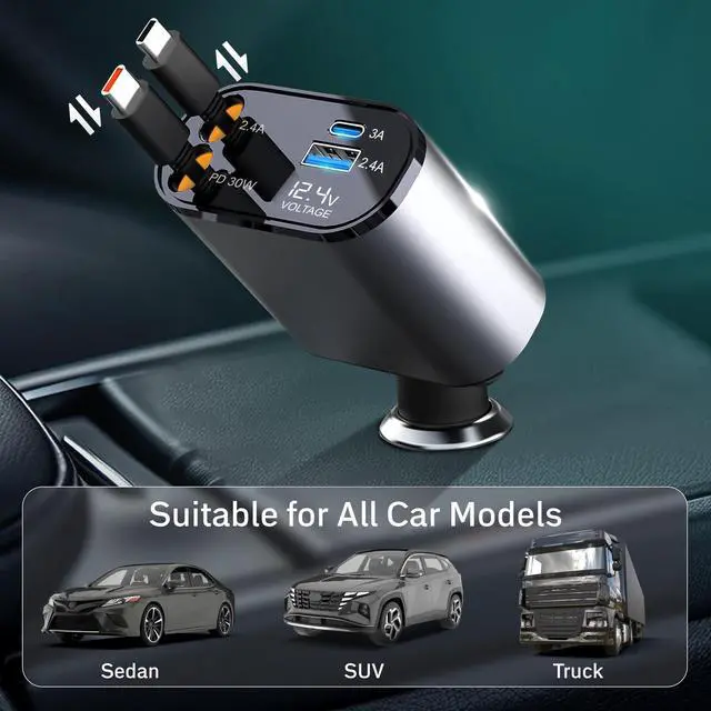 Alt view image 7 of 7 - Super Fast 4-in-1 Retractable Dual C Type Car Charger | PD30W Charger for Multiple Devices | 82 cm Long, Flexible,Universal & Compact Design | Compatible for iphones, Samsung & Android Devices