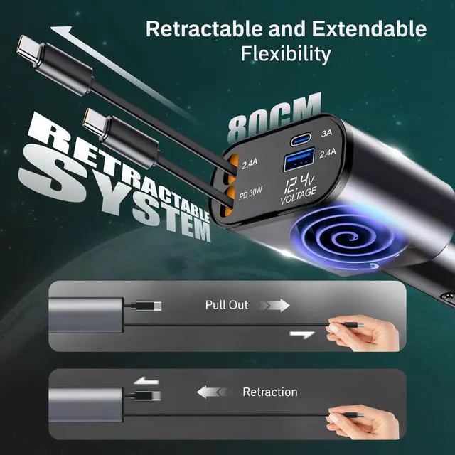 Alt view image 2 of 7 - Super Fast 4-in-1 Retractable Dual C Type Car Charger | PD30W Charger for Multiple Devices | 82 cm Long, Flexible,Universal & Compact Design | Compatible for iphones, Samsung & Android Devices