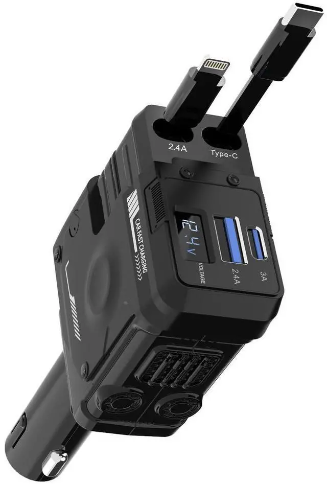 Main image of Retractable Car Charger, 4 in 1 Retractable Phone Charger with 66W Fast Charging, 2 Retractable Cables and 2 USB-C USB-A Port Compatible with iPhone 16/15/14/13/12/11,Samsung, Galaxy,Pixel (Black)