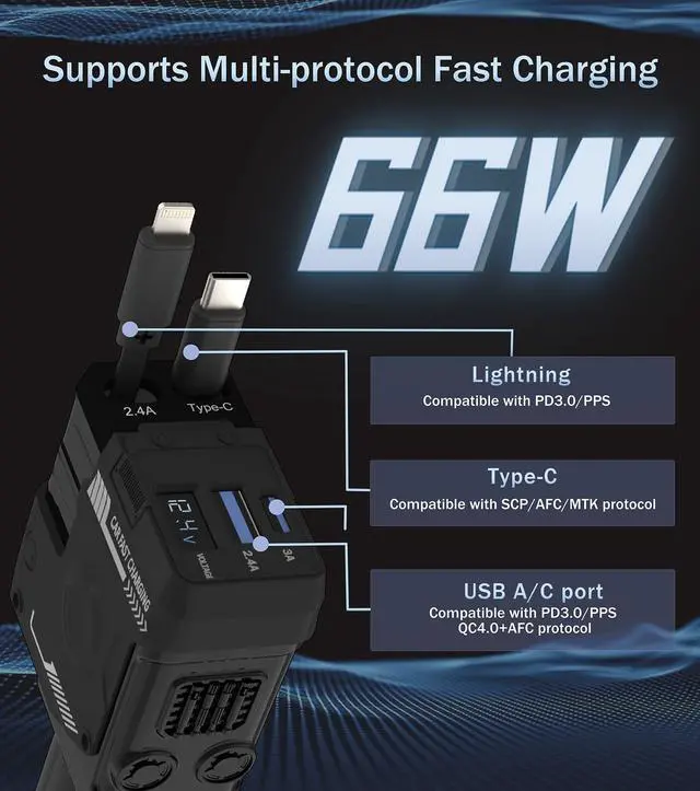 Alt view image 3 of 7 - Retractable Car Charger, 4 in 1 Retractable Phone Charger with 66W Fast Charging, 2 Retractable Cables and 2 USB-C USB-A Port Compatible with iPhone 16/15/14/13/12/11,Samsung, Galaxy,Pixel (Black)