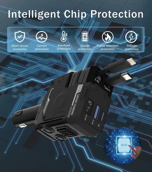 Alt view image 4 of 7 - Retractable Car Charger, 4 in 1 Retractable Phone Charger with 66W Fast Charging, 2 Retractable Cables and 2 USB-C USB-A Port Compatible with iPhone 16/15/14/13/12/11,Samsung, Galaxy,Pixel (Black)