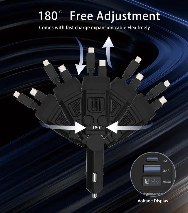 Alt view image 5 of 7 - Retractable Car Charger, 4 in 1 Retractable Phone Charger with 66W Fast Charging, 2 Retractable Cables and 2 USB-C USB-A Port Compatible with iPhone 16/15/14/13/12/11,Samsung, Galaxy,Pixel (Black)