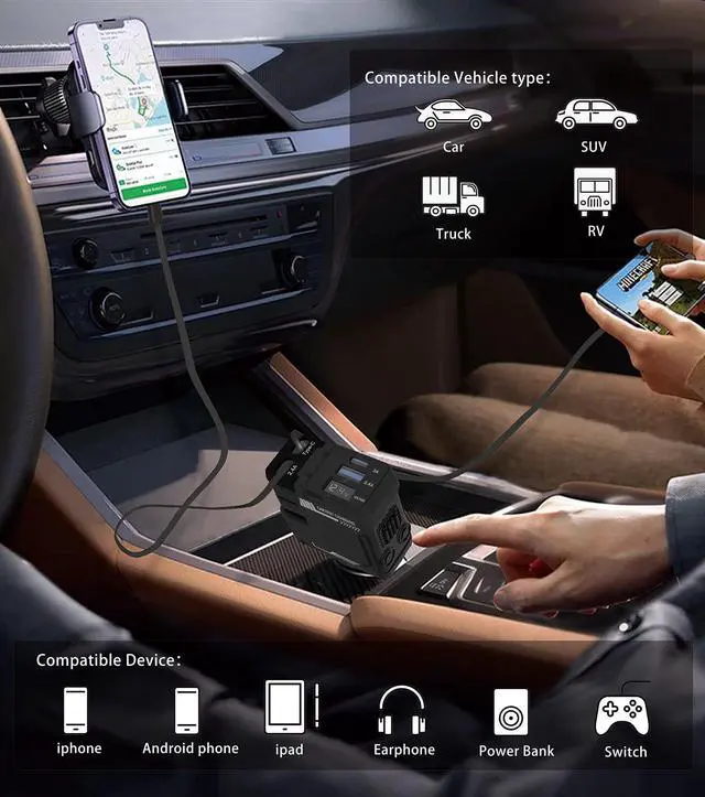 Alt view image 6 of 7 - Retractable Car Charger, 4 in 1 Retractable Phone Charger with 66W Fast Charging, 2 Retractable Cables and 2 USB-C USB-A Port Compatible with iPhone 16/15/14/13/12/11,Samsung, Galaxy,Pixel (Black)