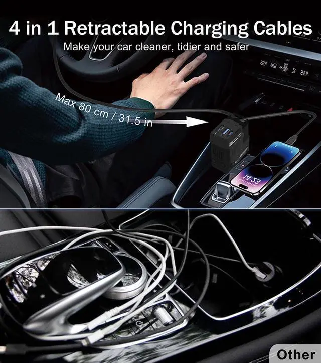 Alt view image 7 of 7 - Retractable Car Charger, 4 in 1 Retractable Phone Charger with 66W Fast Charging, 2 Retractable Cables and 2 USB-C USB-A Port Compatible with iPhone 16/15/14/13/12/11,Samsung, Galaxy,Pixel (Black)