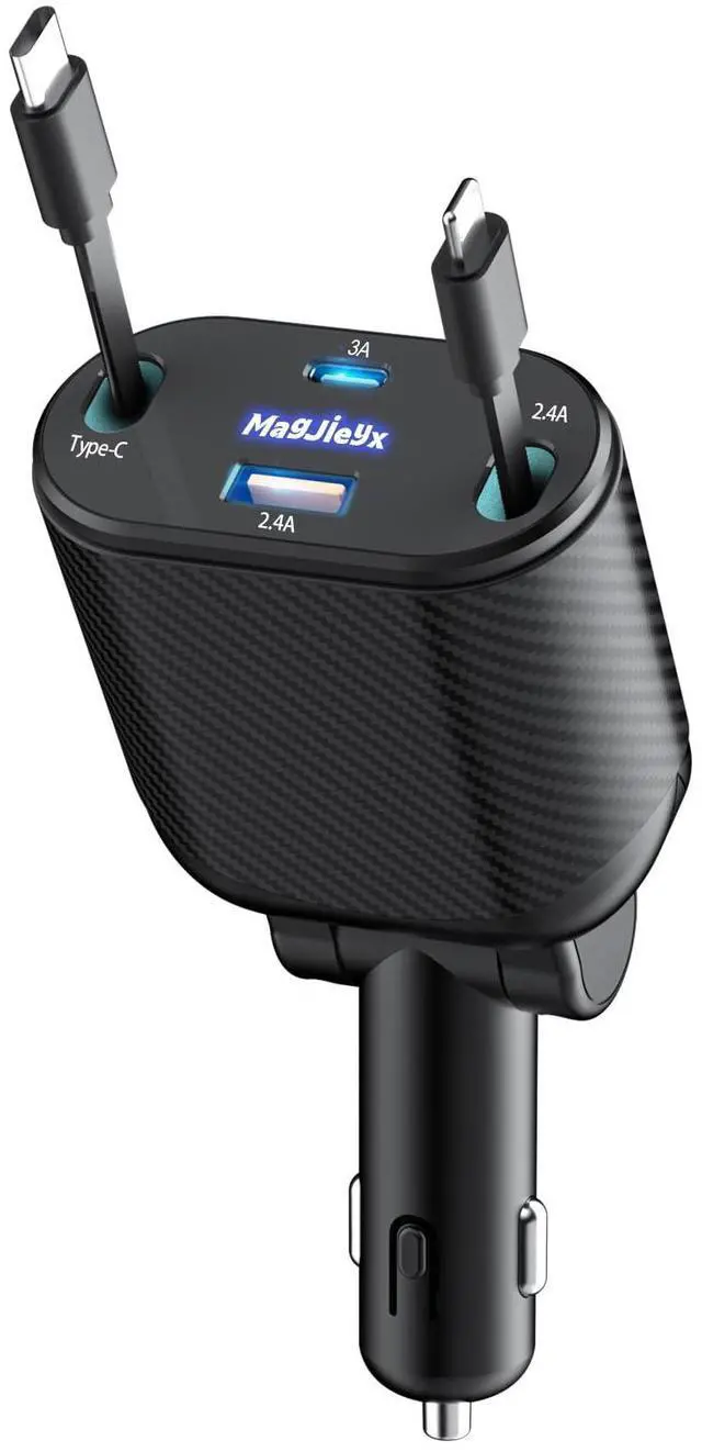 Main image of Retractable Car Charger 4 in 1 Fast Charging Adapter Magjieyx 62W Retractable Type-C/USB-i Cables and USB C/USB A QC & PD Devices for iPhone 16/15/14/13/12Pro Max Plus,iPad,AirPods, Galaxy