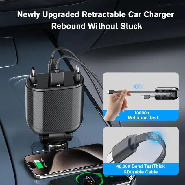Alt view image 2 of 6 - Retractable Car Charger 4 in 1 Fast Charging Adapter Magjieyx 62W Retractable Type-C/USB-i Cables and USB C/USB A QC & PD Devices for iPhone 16/15/14/13/12Pro Max Plus,iPad,AirPods, Galaxy