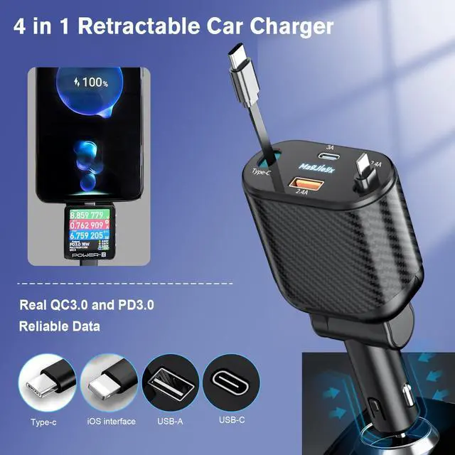 Alt view image 5 of 6 - Retractable Car Charger 4 in 1 Fast Charging Adapter Magjieyx 62W Retractable Type-C/USB-i Cables and USB C/USB A QC & PD Devices for iPhone 16/15/14/13/12Pro Max Plus,iPad,AirPods, Galaxy