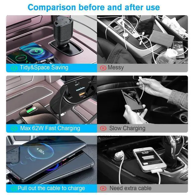 Alt view image 6 of 6 - Retractable Car Charger 4 in 1 Fast Charging Adapter Magjieyx 62W Retractable Type-C/USB-i Cables and USB C/USB A QC & PD Devices for iPhone 16/15/14/13/12Pro Max Plus,iPad,AirPods, Galaxy