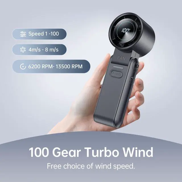 Alt view image 3 of 7 - 3-in-1 Portable Handheld Turbo Fan-100 Speeds, 13500 RPM, 12Hrs Cooling, Digital Display, 120° Rotation, USB Rechargeable Mini Hand Held Personal Fan for Travel, Makeup, Outdoor, Indoor (Black)