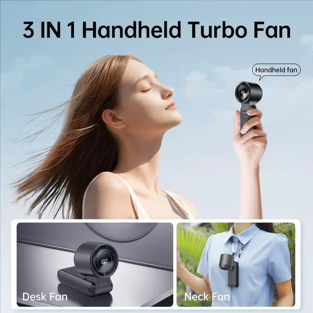 Alt view image 5 of 7 - 3-in-1 Portable Handheld Turbo Fan-100 Speeds, 13500 RPM, 12Hrs Cooling, Digital Display, 120° Rotation, USB Rechargeable Mini Hand Held Personal Fan for Travel, Makeup, Outdoor, Indoor (Black)