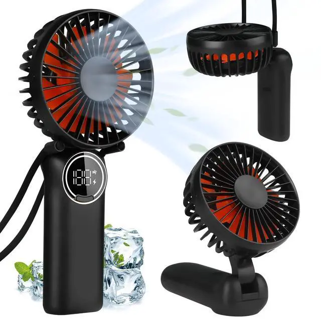 Main image of Portable Handheld Fan, Mini Desk Fan Rechargeable with LED Display, 180° Foldable Personal Fan with Lanyard as Neck Fan, Strong Wind and 6 Speed for Travel Makeup Eyelash Beach Outdoor(Black)