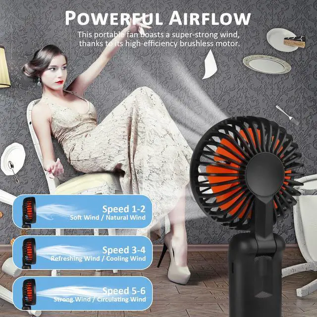 Alt view image 3 of 6 - Portable Handheld Fan, Mini Desk Fan Rechargeable with LED Display, 180° Foldable Personal Fan with Lanyard as Neck Fan, Strong Wind and 6 Speed for Travel Makeup Eyelash Beach Outdoor(Black)