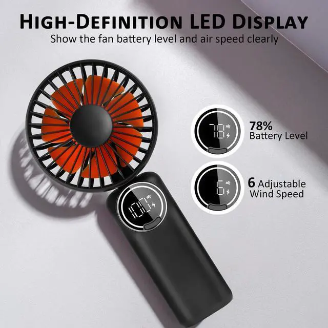 Alt view image 4 of 6 - Portable Handheld Fan, Mini Desk Fan Rechargeable with LED Display, 180° Foldable Personal Fan with Lanyard as Neck Fan, Strong Wind and 6 Speed for Travel Makeup Eyelash Beach Outdoor(Black)