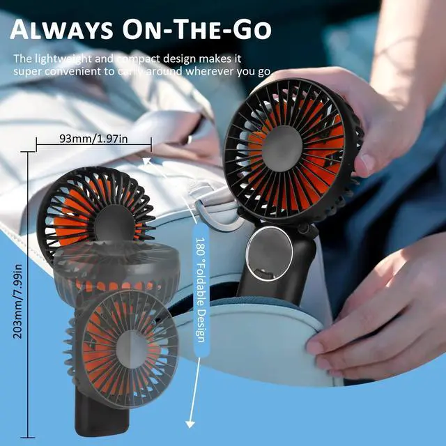 Alt view image 5 of 6 - Portable Handheld Fan, Mini Desk Fan Rechargeable with LED Display, 180° Foldable Personal Fan with Lanyard as Neck Fan, Strong Wind and 6 Speed for Travel Makeup Eyelash Beach Outdoor(Black)