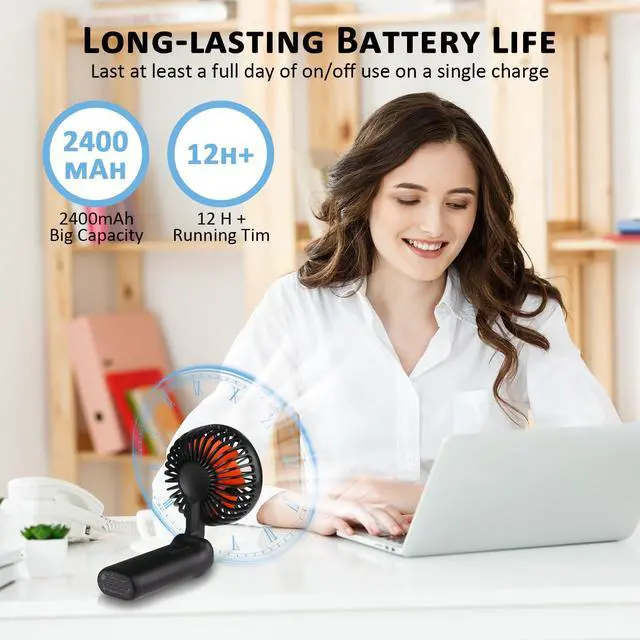 Alt view image 6 of 6 - Portable Handheld Fan, Mini Desk Fan Rechargeable with LED Display, 180° Foldable Personal Fan with Lanyard as Neck Fan, Strong Wind and 6 Speed for Travel Makeup Eyelash Beach Outdoor(Black)
