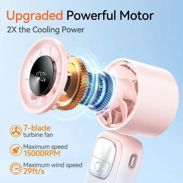 Alt view image 2 of 7 - 3-in-1 Portable Handheld Turbo Fan-100 Speeds, 15000 RPM, 10Hrs Cooling, LED Display, 90° Rotation, Small Travel Fan, Mini Foldable Hand Held Personal Fan for Women Men (Pink)