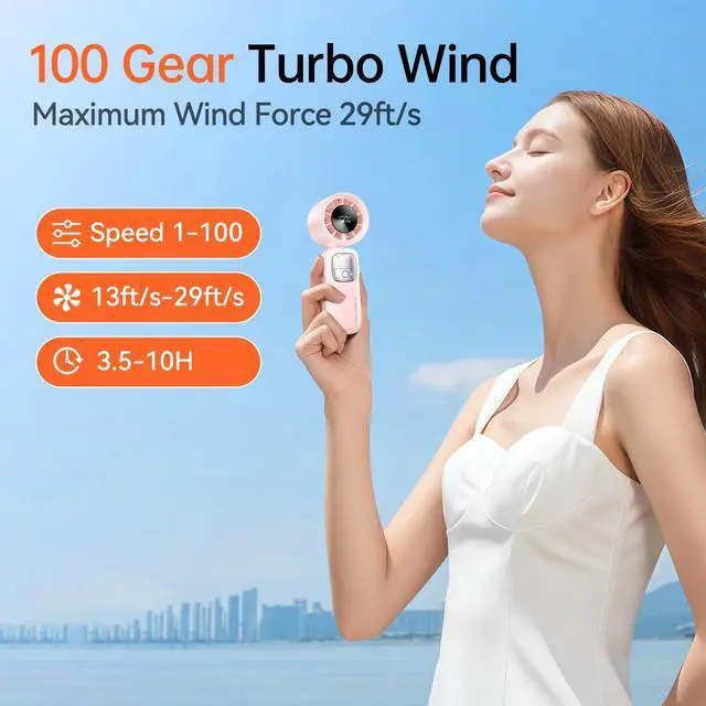 Alt view image 3 of 7 - 3-in-1 Portable Handheld Turbo Fan-100 Speeds, 15000 RPM, 10Hrs Cooling, LED Display, 90° Rotation, Small Travel Fan, Mini Foldable Hand Held Personal Fan for Women Men (Pink)