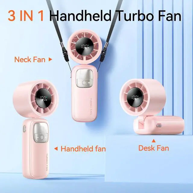 Alt view image 4 of 7 - 3-in-1 Portable Handheld Turbo Fan-100 Speeds, 15000 RPM, 10Hrs Cooling, LED Display, 90° Rotation, Small Travel Fan, Mini Foldable Hand Held Personal Fan for Women Men (Pink)