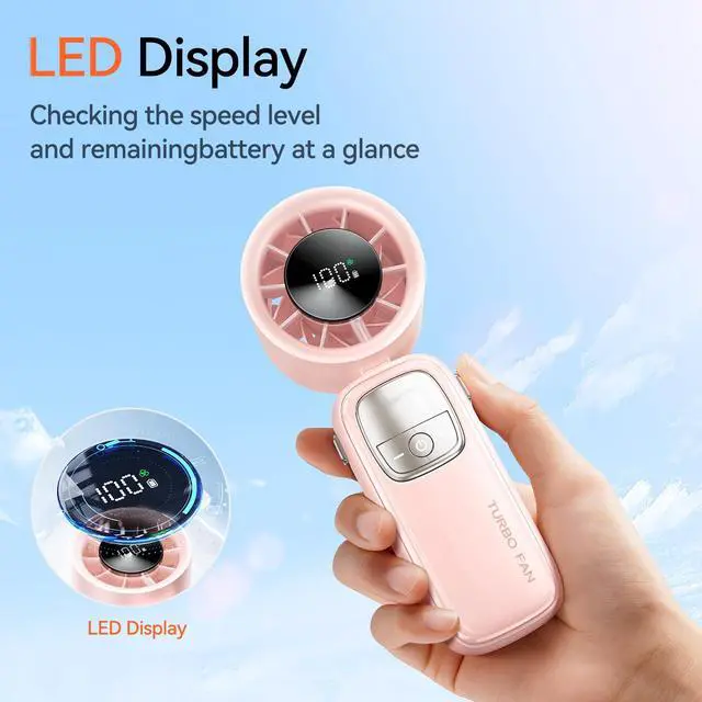 Alt view image 5 of 7 - 3-in-1 Portable Handheld Turbo Fan-100 Speeds, 15000 RPM, 10Hrs Cooling, LED Display, 90° Rotation, Small Travel Fan, Mini Foldable Hand Held Personal Fan for Women Men (Pink)