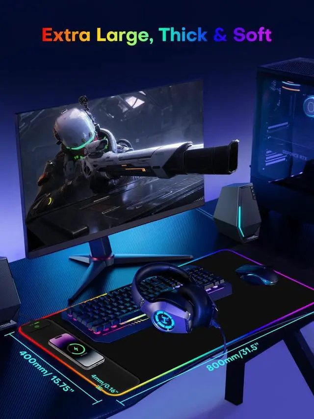 Alt view image 2 of 7 - 2-in-1 RGB Gaming Mouse Pad with Wireless Charging, 31.5"x15.8" Large, 24 Light Effects, Non-Slip Base, Waterproof Ultra-Smooth Surface, No Adapter