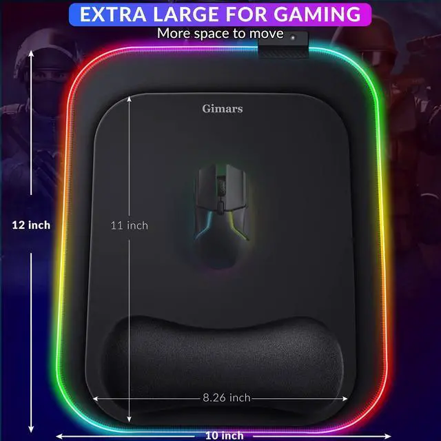 Alt view image 2 of 7 - RGB Mouse Pad with Wrist Rest Support, 12 x 10 in Extra Large Ergonomic Gaming Mouse Pad with 10 LED Lighting Modes, Non-Slip Rubber Base for PC Gaming & Office