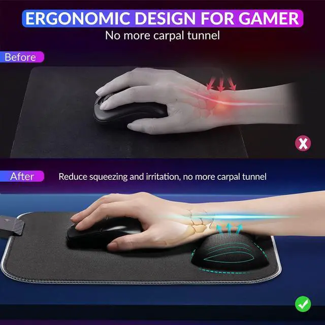 Alt view image 4 of 7 - RGB Mouse Pad with Wrist Rest Support, 12 x 10 in Extra Large Ergonomic Gaming Mouse Pad with 10 LED Lighting Modes, Non-Slip Rubber Base for PC Gaming & Office