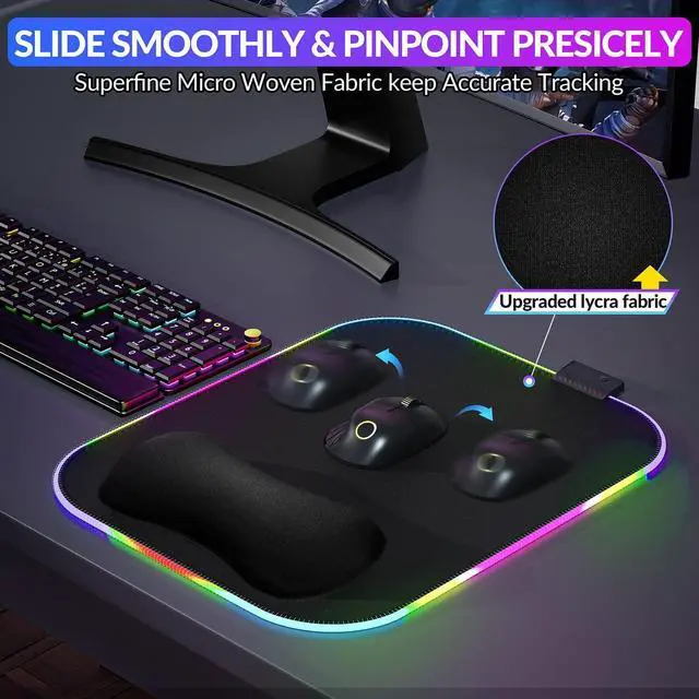 Alt view image 5 of 7 - RGB Mouse Pad with Wrist Rest Support, 12 x 10 in Extra Large Ergonomic Gaming Mouse Pad with 10 LED Lighting Modes, Non-Slip Rubber Base for PC Gaming & Office