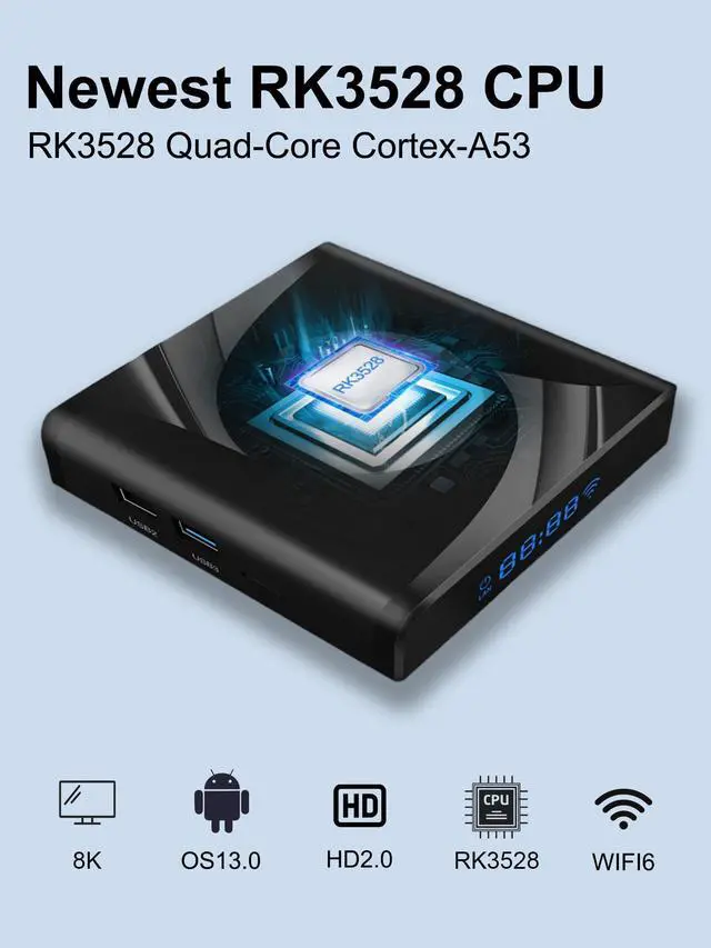 Alt view image 2 of 7 - 8K Android TV Box 13.0 2GB RAM 16GB ROM Smart TV Box RK3528 Chipset Support 2.4G/5.0G WiFi 6 HDR10 BT5.0 USB3.0 Ethernet LAN 3D 1080P 2K 4K+ Utral HD Streaming Media Player