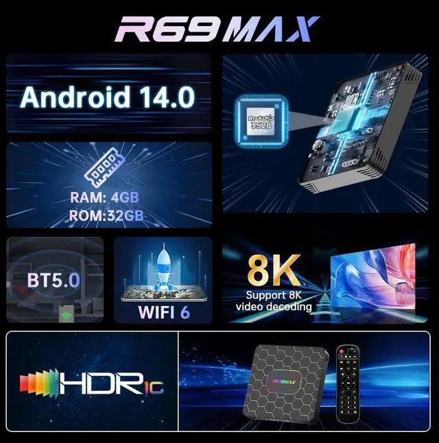 Alt view image 2 of 7 - Android 14 TV Box 2025, R69 Max Android Box with 4GB RAM 32GB ROM RK3528 Quad-Core for Smart TV, 8K HD Video Decoding & HDR 10 Video Output Support WiFi6 2.4Ghz/5.0Ghz BT 5.0 TV Box