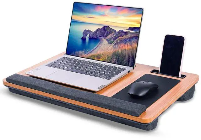 Main image of Laptop Tray Home Office Lap Desk with Built-in Mouse Pad, Wrist Rest & Phone Holder, Portable Laptop Stand with Cushion, Tablet Slot & Carry Handle, Ideal for Bed & Workspaces (Walnut)