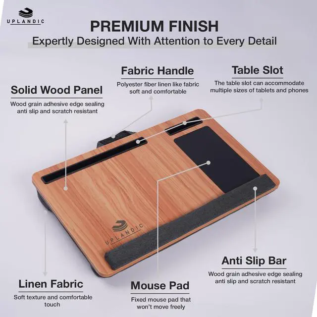 Alt view image 2 of 7 - Laptop Tray Home Office Lap Desk with Built-in Mouse Pad, Wrist Rest & Phone Holder, Portable Laptop Stand with Cushion, Tablet Slot & Carry Handle, Ideal for Bed & Workspaces (Walnut)