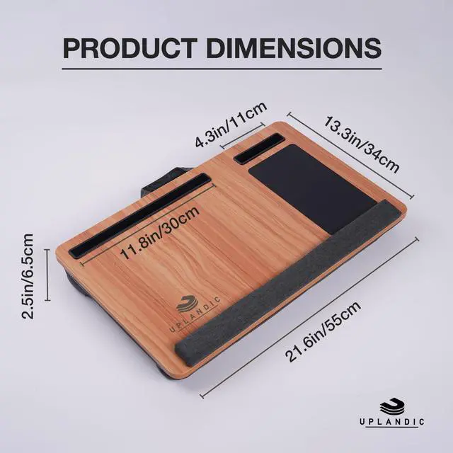 Alt view image 3 of 7 - Laptop Tray Home Office Lap Desk with Built-in Mouse Pad, Wrist Rest & Phone Holder, Portable Laptop Stand with Cushion, Tablet Slot & Carry Handle, Ideal for Bed & Workspaces (Walnut)