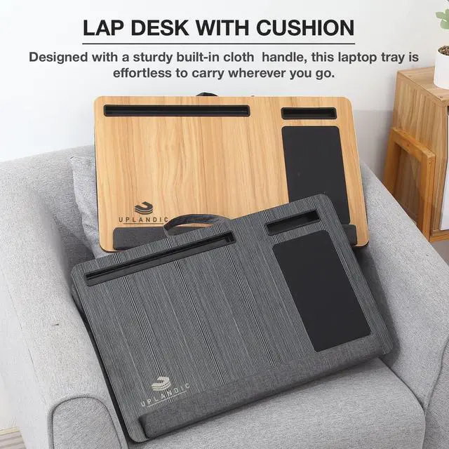 Alt view image 4 of 7 - Laptop Tray Home Office Lap Desk with Built-in Mouse Pad, Wrist Rest & Phone Holder, Portable Laptop Stand with Cushion, Tablet Slot & Carry Handle, Ideal for Bed & Workspaces (Walnut)