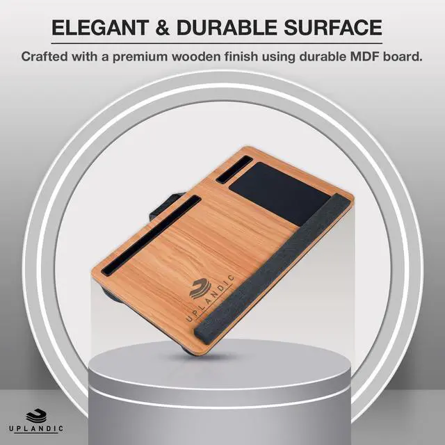 Alt view image 7 of 7 - Laptop Tray Home Office Lap Desk with Built-in Mouse Pad, Wrist Rest & Phone Holder, Portable Laptop Stand with Cushion, Tablet Slot & Carry Handle, Ideal for Bed & Workspaces (Walnut)