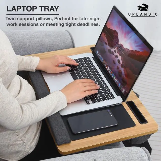 Alt view image 6 of 7 - Laptop Tray Home Office Lap Desk with Built-in Mouse Pad, Wrist Rest & Phone Holder, Portable Laptop Stand with Cushion, Tablet Slot & Carry Handle, Ideal for Bed & Workspaces (Walnut)