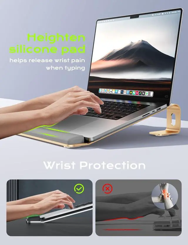 Alt view image 2 of 7 - Aluminum Laptop Stand, Notebook Stand with Wrist Rest, Ergonomic Detachable Laptop Mount, Computer Stand Compatible with 10-17'' All Laptops Such as MacBook Air Pro/HP/Dell/Lenovo, Gold