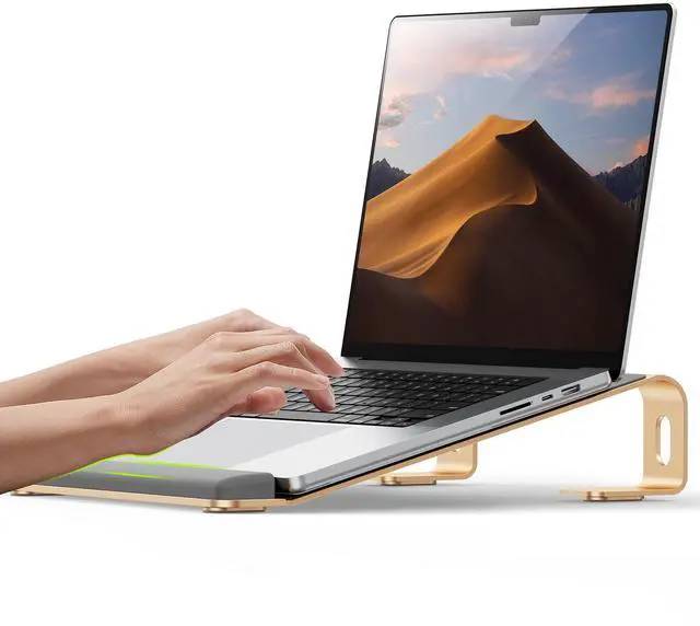 Main image of Aluminum Laptop Stand, Notebook Stand with Wrist Rest, Ergonomic Detachable Laptop Mount, Computer Stand Compatible with 10-17'' All Laptops Such as MacBook Air Pro/HP/Dell/Lenovo, Gold