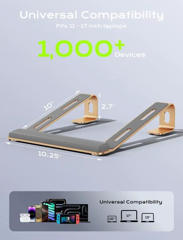 Alt view image 5 of 7 - Aluminum Laptop Stand, Notebook Stand with Wrist Rest, Ergonomic Detachable Laptop Mount, Computer Stand Compatible with 10-17'' All Laptops Such as MacBook Air Pro/HP/Dell/Lenovo, Gold