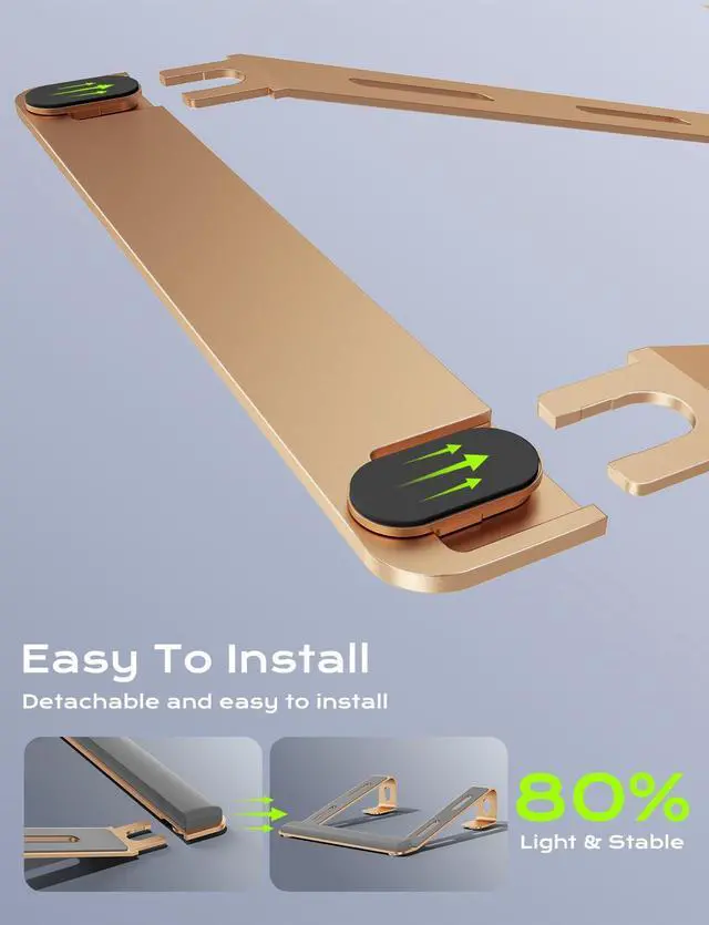 Alt view image 6 of 7 - Aluminum Laptop Stand, Notebook Stand with Wrist Rest, Ergonomic Detachable Laptop Mount, Computer Stand Compatible with 10-17'' All Laptops Such as MacBook Air Pro/HP/Dell/Lenovo, Gold