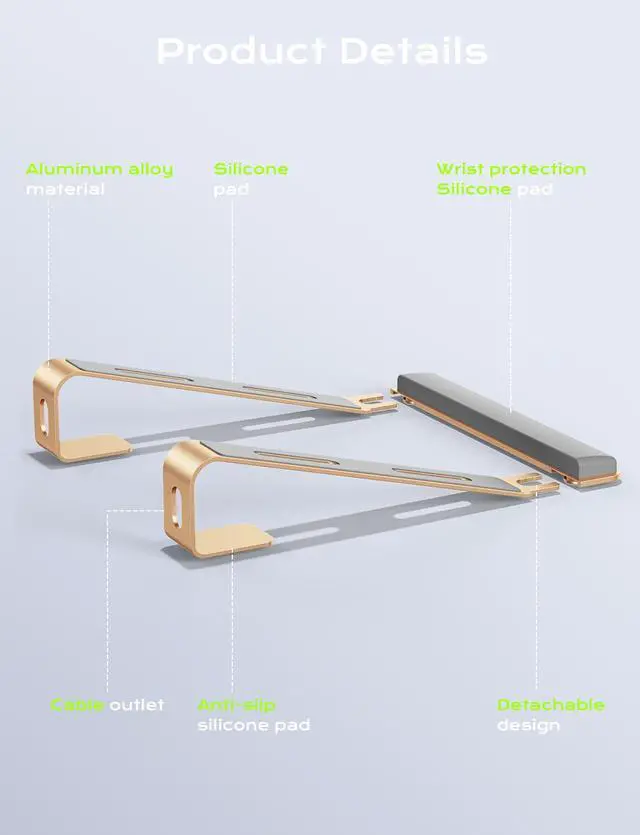 Alt view image 7 of 7 - Aluminum Laptop Stand, Notebook Stand with Wrist Rest, Ergonomic Detachable Laptop Mount, Computer Stand Compatible with 10-17'' All Laptops Such as MacBook Air Pro/HP/Dell/Lenovo, Gold