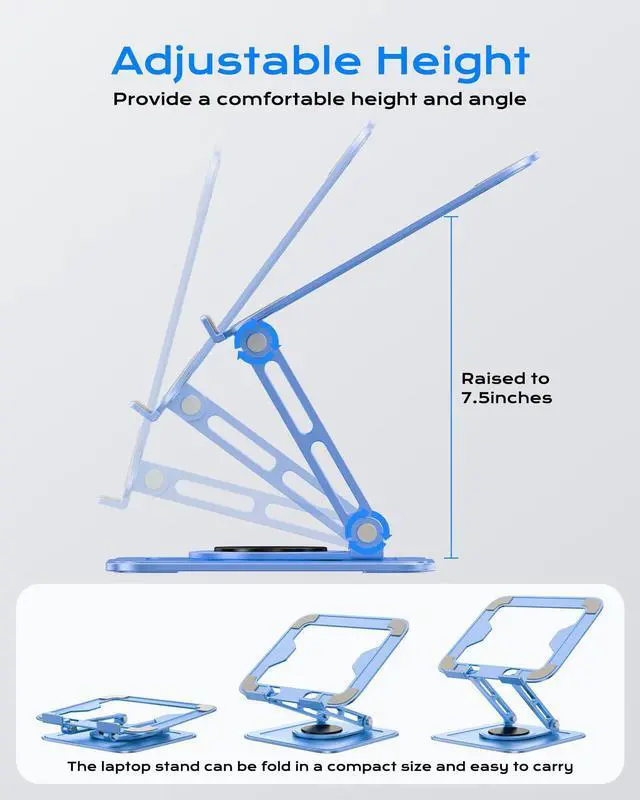 Alt view image 3 of 6 - Adjustable Laptop Stand, Computer Stand with 360 Rotating Base, Ergonomic Laptop Riser Mount for Desk Foldable Protable Computer Desk Fits with MacBook Pro Air (10-16") - Blue